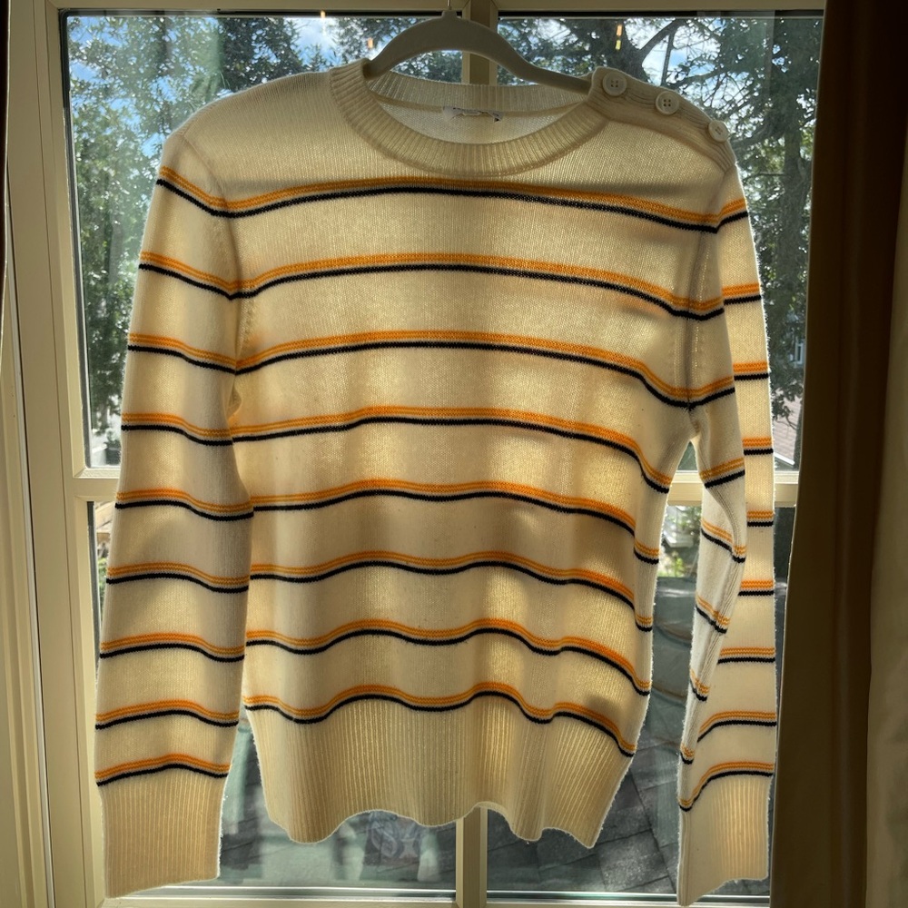 Equipment Cream and Black Striped Crewneck Sweater